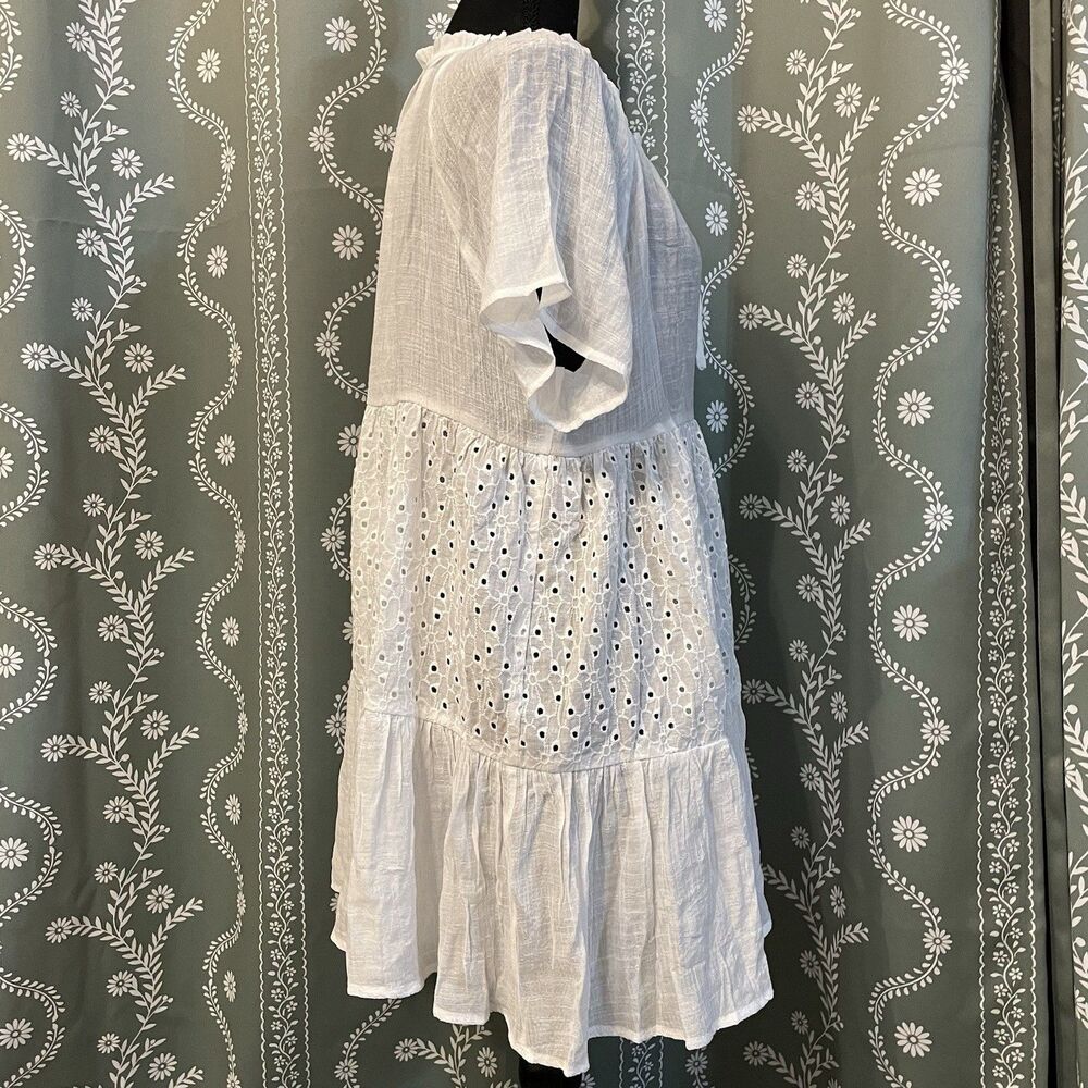 NEW CUPSHE Floral Eyelet Tie Neck Babydoll Dress White Bathing Suit Cover Small - Picture 4 of 11